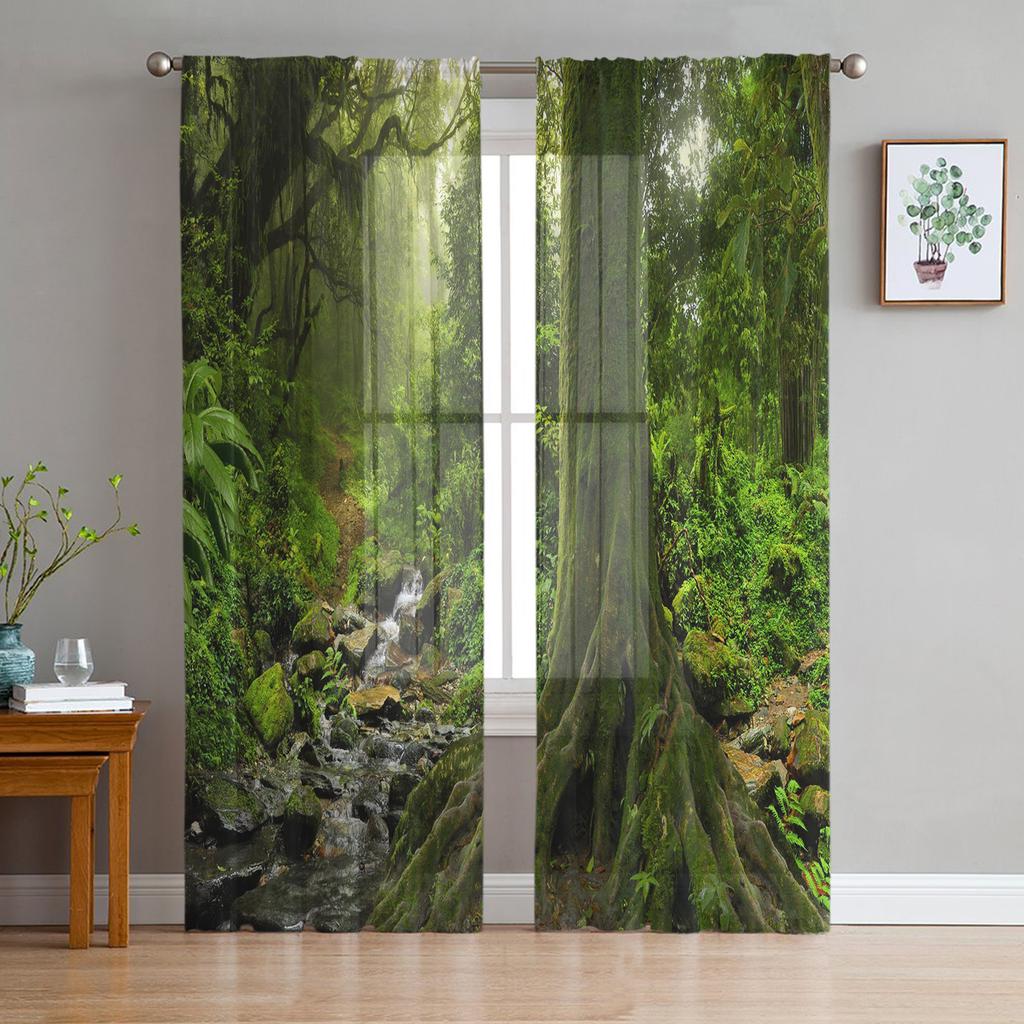 Simple Woods Green Trees Tulle Voile Curtains Bedroom Hotel Home Decor Sheer Curtains for Living Room Chiffon Printed Drapes