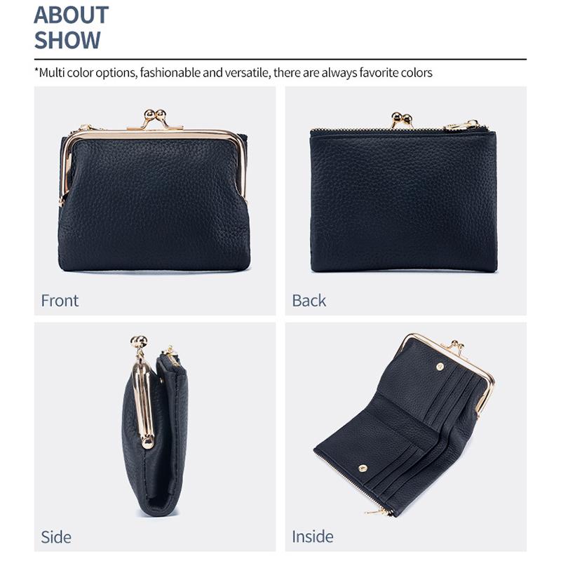 Womens Kiss Lock Wallet Small Genuine Leather Kiss Clasp Coin Purse Card Holder Bifold Clutch Wallet for Women with Metal Frame