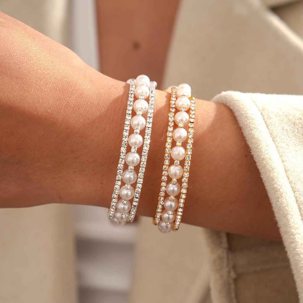 European and American Court Style Diamond-encrusted Imitation Pearl Beaded Three-layer Open Bracelet Exquisite Light Luxury Jewelry