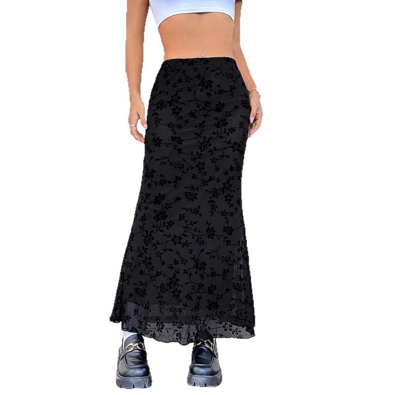 2025 Autumn Dark Green Floral Half-body Fishtail Skirt for Europe America Casual Versatile Outline Graceful Posture