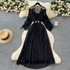 French light luxury fashion diamond-encrusted V-neck bat sleeve strap waist dress women's thin temperament chiffon long skirt