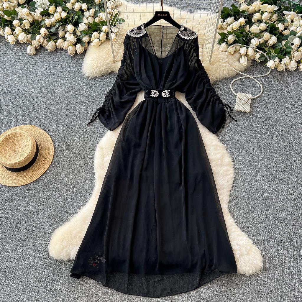 French light luxury fashion diamond-encrusted V-neck bat sleeve strap waist dress women's thin temperament chiffon long skirt