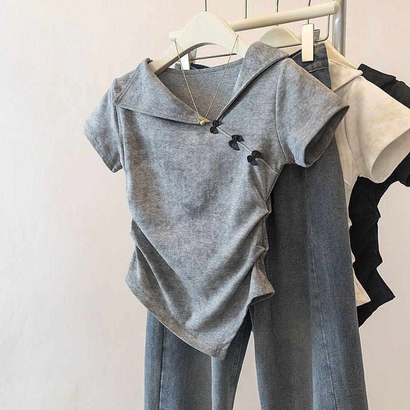 Women Turn Down Collar Frog Button Ruched Tie Dye Fitted Short Sleeve T Shirt S серый