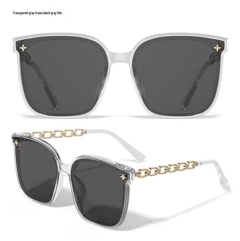 Women's High-End Large Square Frame Sunglasses with UV Protection and Stylish Chain Design