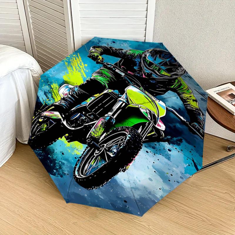 Motocross Rider Splash Art Print Umbrella - Automatic Opening & Closing, Portable Folding Design, 8-Rib Iron Frame, Outdoor Rain Gear, Ideal