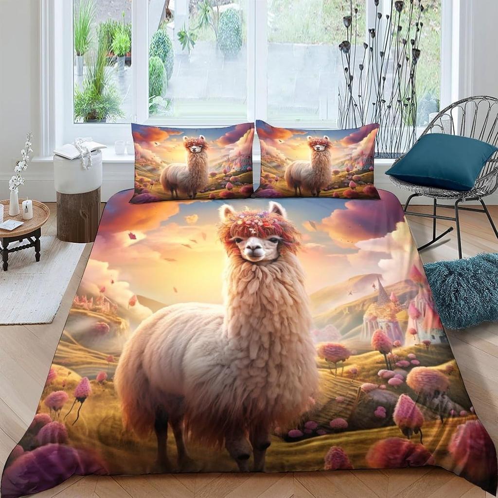 Alpaca 3D Printed Cloud Animal Duvet Cover Queen Size Cotton Comforter Bedding Set 3 Pcs With Pillowcases For Kids And Adults