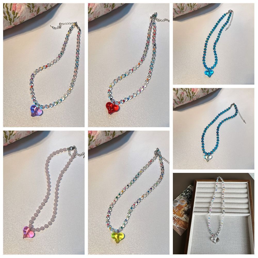 Beaded Transparent Love Heart Necklace Korean Style Clavicle Chain Sweater Chain Y2K Choker  Party