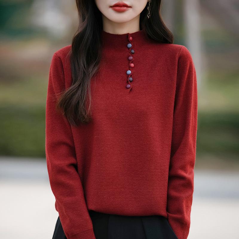 

Женский вязаный свитер на пуговицах с высоким воротником - Шикарный и теплый для осени/зимы One Size красный