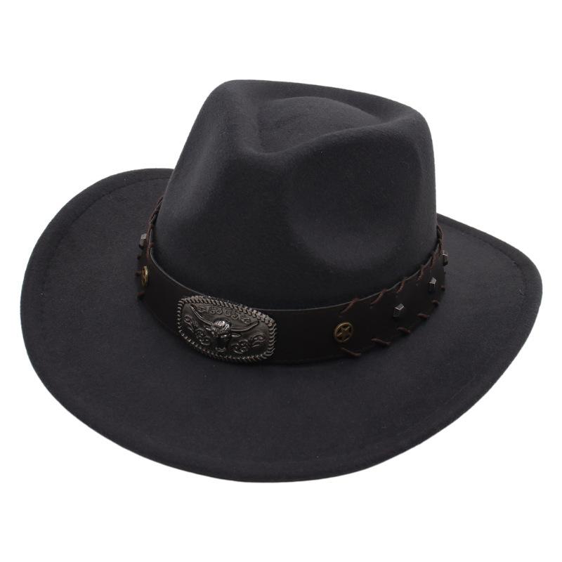 Gekreuztes Stierkopf-Abzeichen Zylinderhut Westlicher Cowboyhut Britischer Jazzhut Nationaler Stil Filzhut Ritterhut Elegant