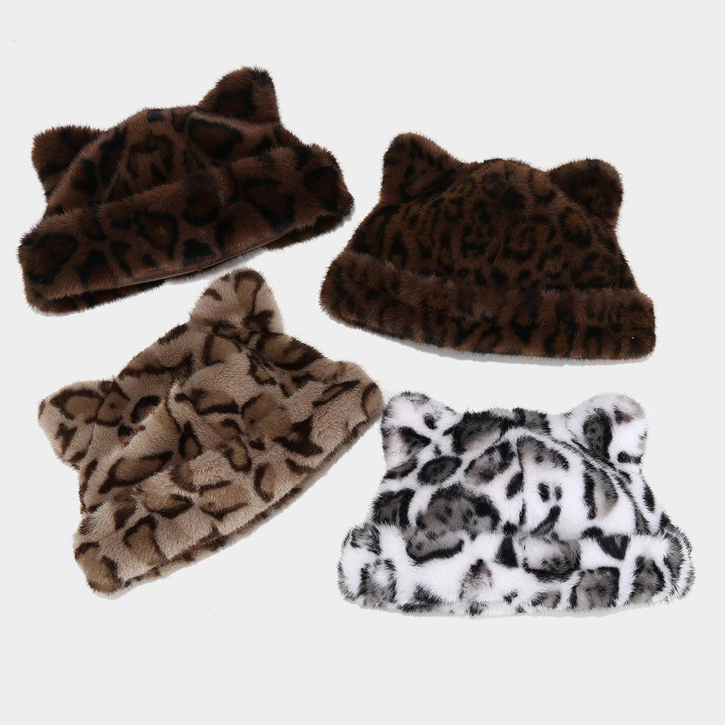 Oversized Kitten Hat with Ear Leopard Print Skiing Hat Furry Hood Cartoon Photo Props Outdoor Head Wrap for Halloween