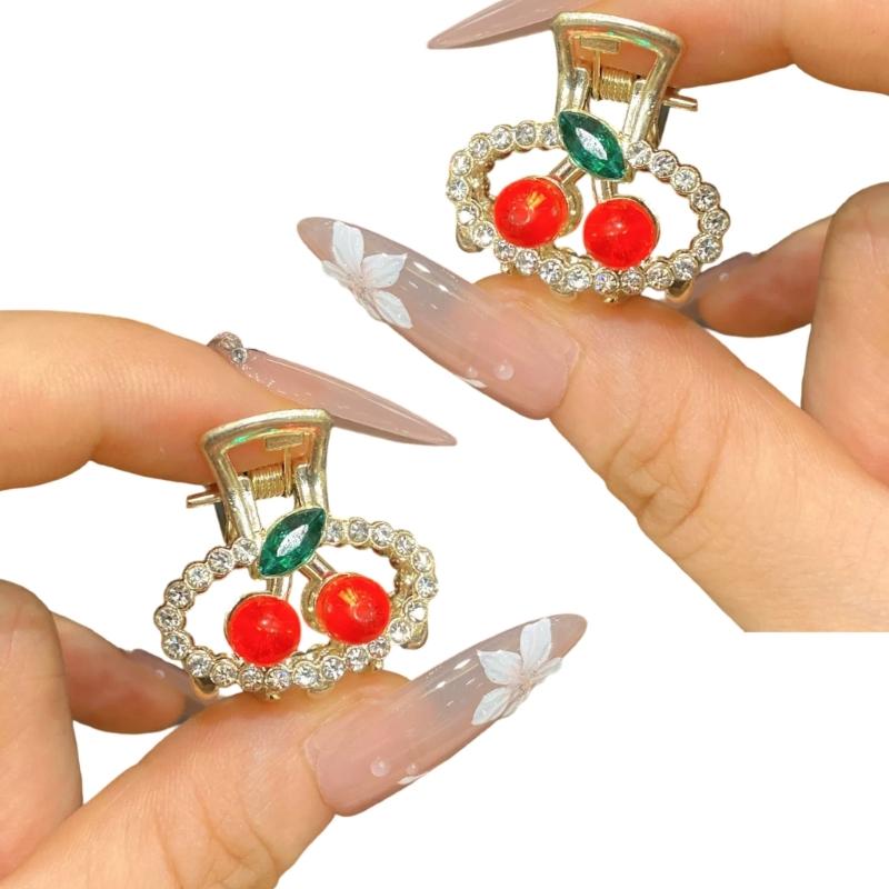 2Pcs Cherry Hairpin Small Side Claw Clip Sparkling Rhinestones Accent Zinc Hairpin For Women Girls Party Daily Use