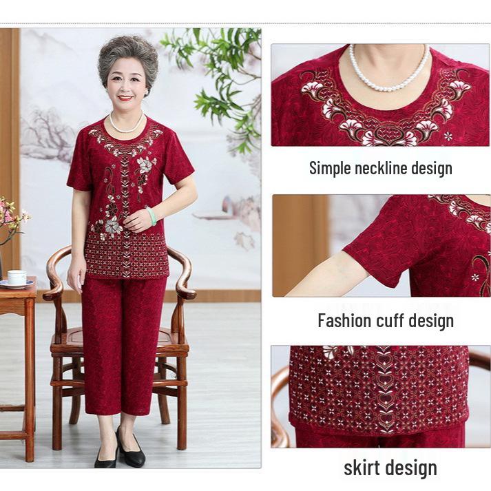 Ice Silk Women's Short Sleeve T-Shirt & Pants Set for Seniors