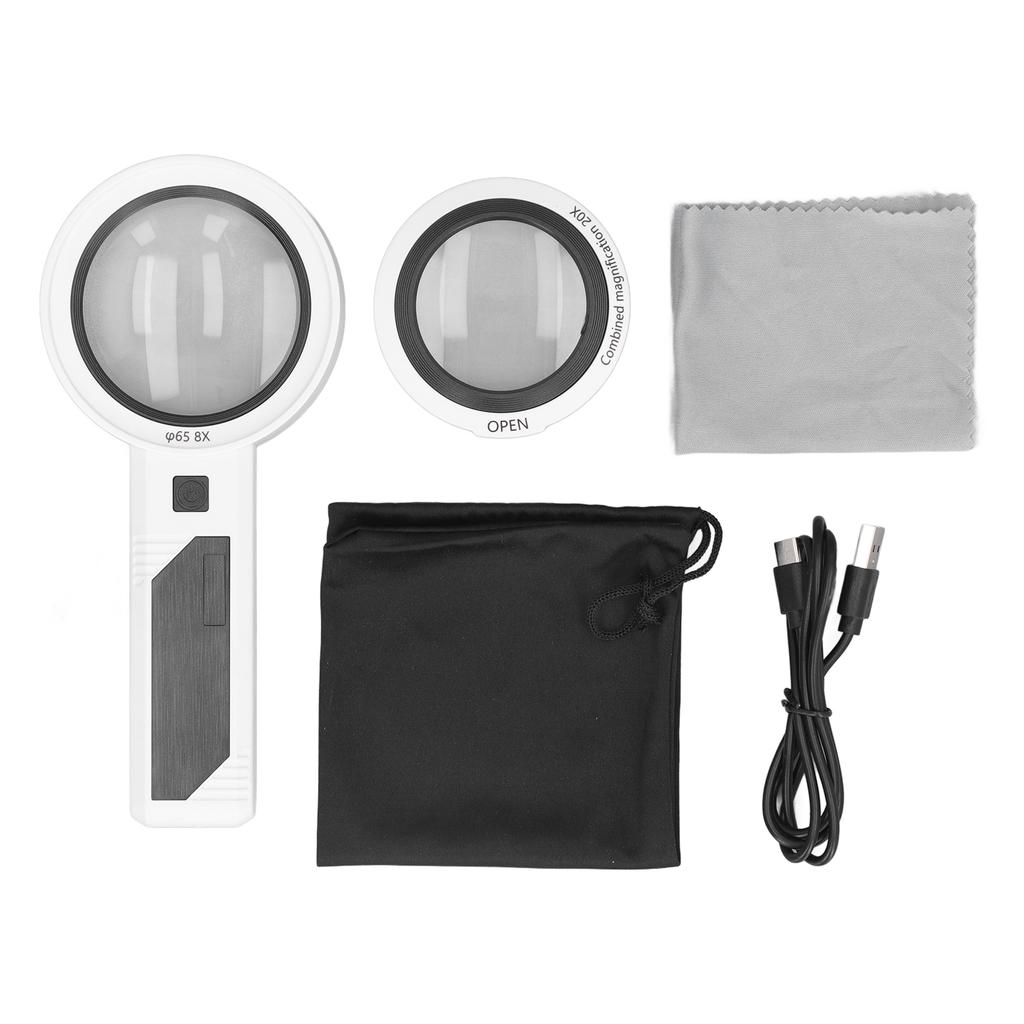 Handheld Magnifying Glass 8X 5X 20X 3 Lighting Modes 26 LEDs Portable Optical Lens Magnifier for
