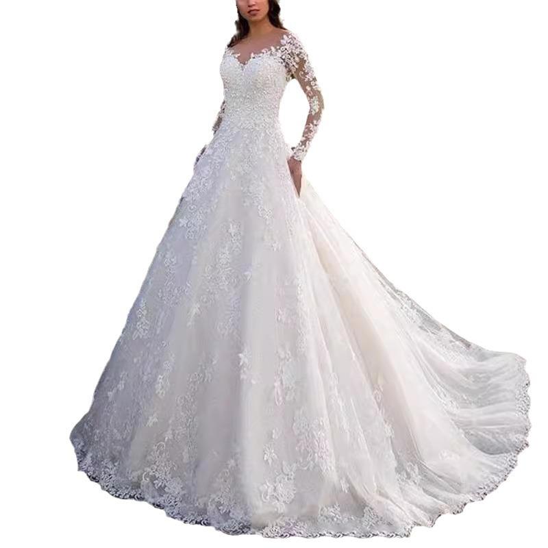 2024 Women's Lace Wedding Dress with Floral Train and Elegant Swing Evening Gown