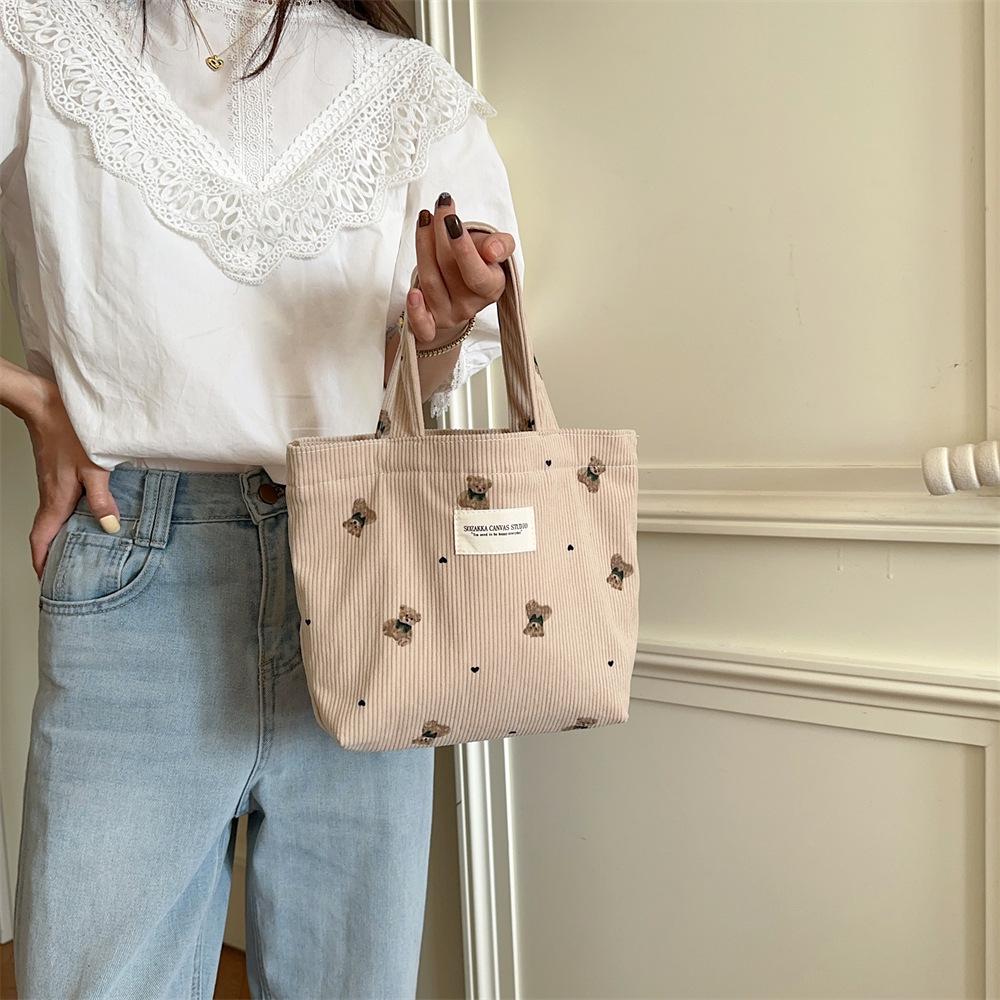 Corduroy Bear Handbag for Women, Outer Carry Bag, Lunch Bag, Student Small Lunch Box