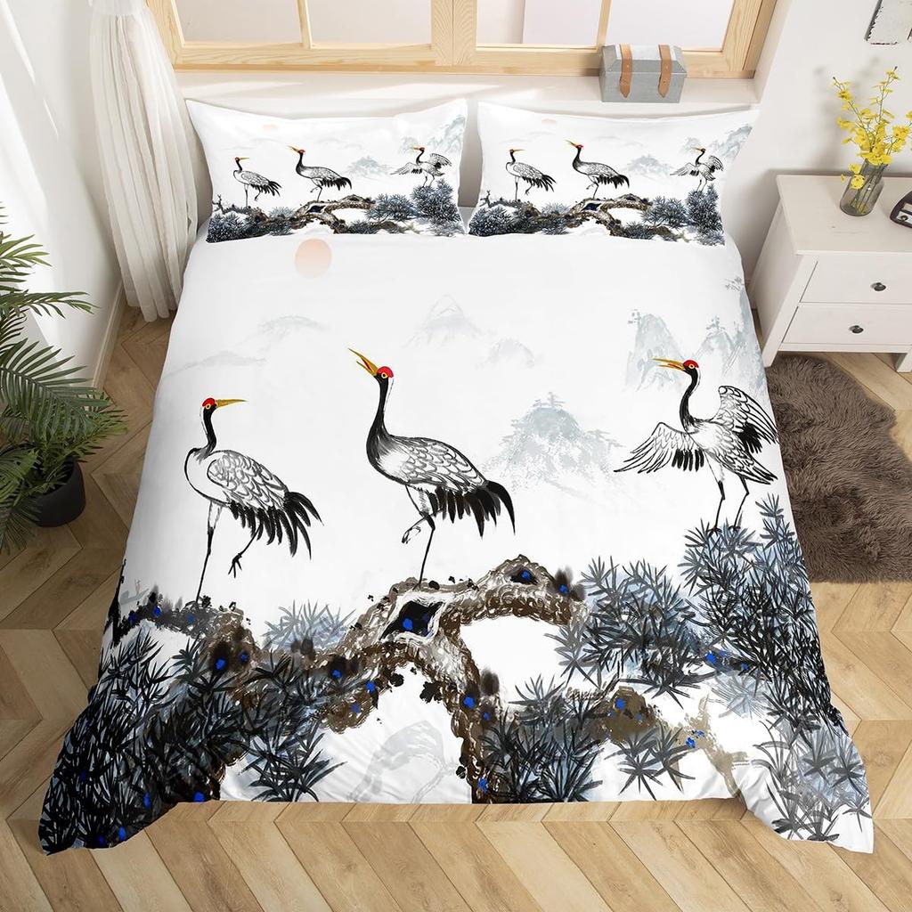White Crane Down Duvet Cover Queen King Size Wild Bird Animal Bedding Set Ink Painting Quilt Cover Trees Branches Plants 3 Pcs
