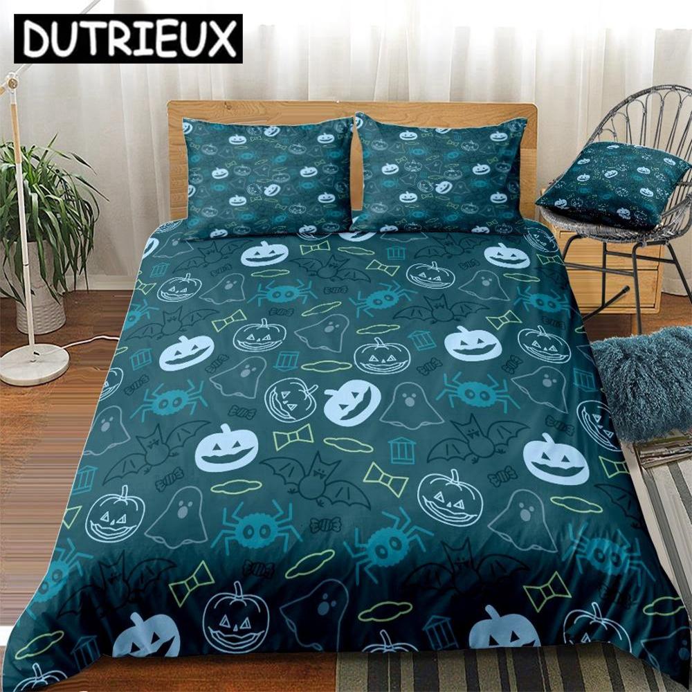 Happy Halloween Duvet Cover Set Pumpki Hat Bedding Set Skull Cartoon Beds Set Purple Blue Halloween Home Textiles Microfiber