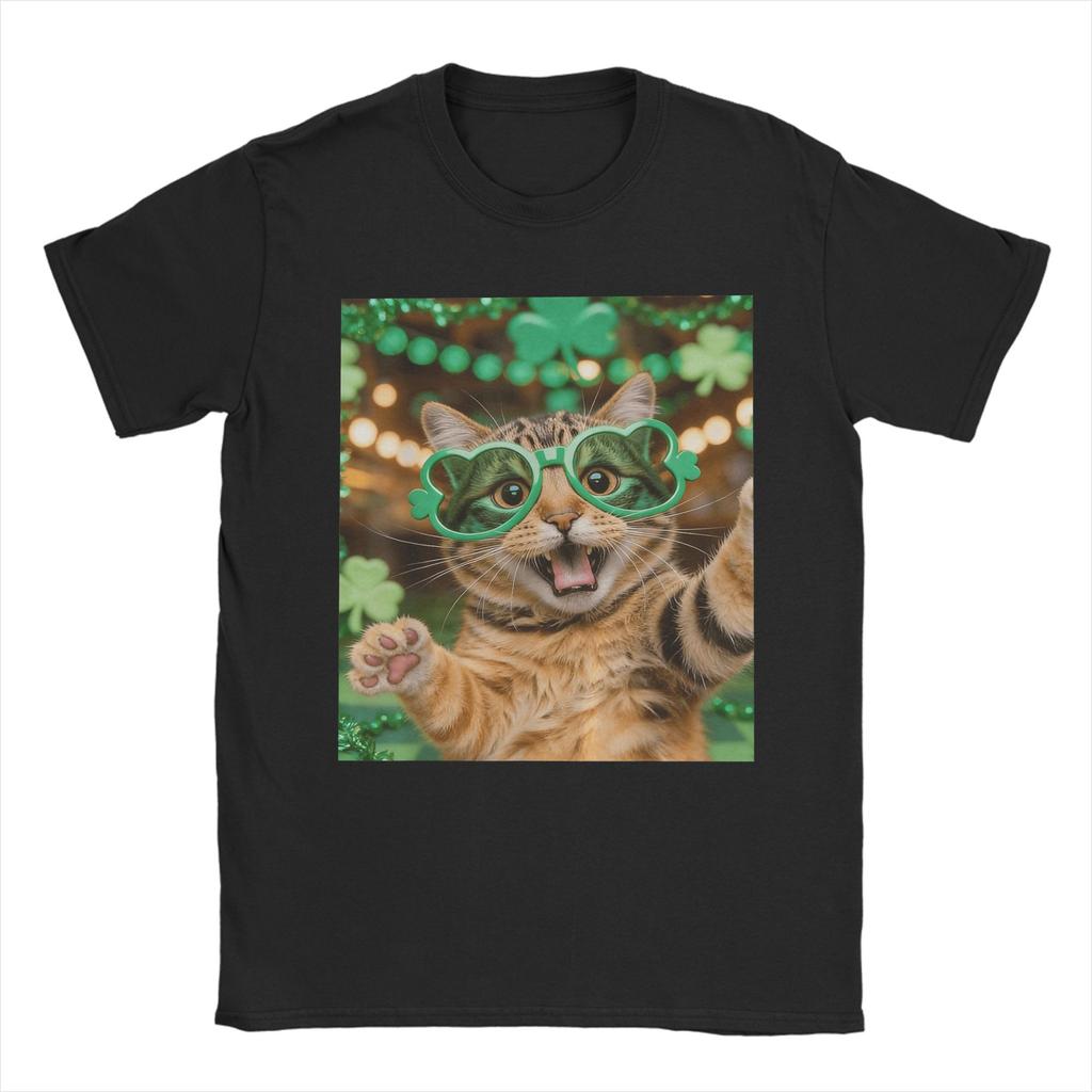 St Patricks Day Cat Selfie with Leprechaun Funny Photo T Shirt Beach Cotton T Shirts For Unisex Harajuku Casual Tee Shirt
