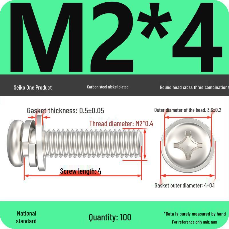 Nickel-Plated Phillips Pan Head Screw with Washer, M2-M6 Thread