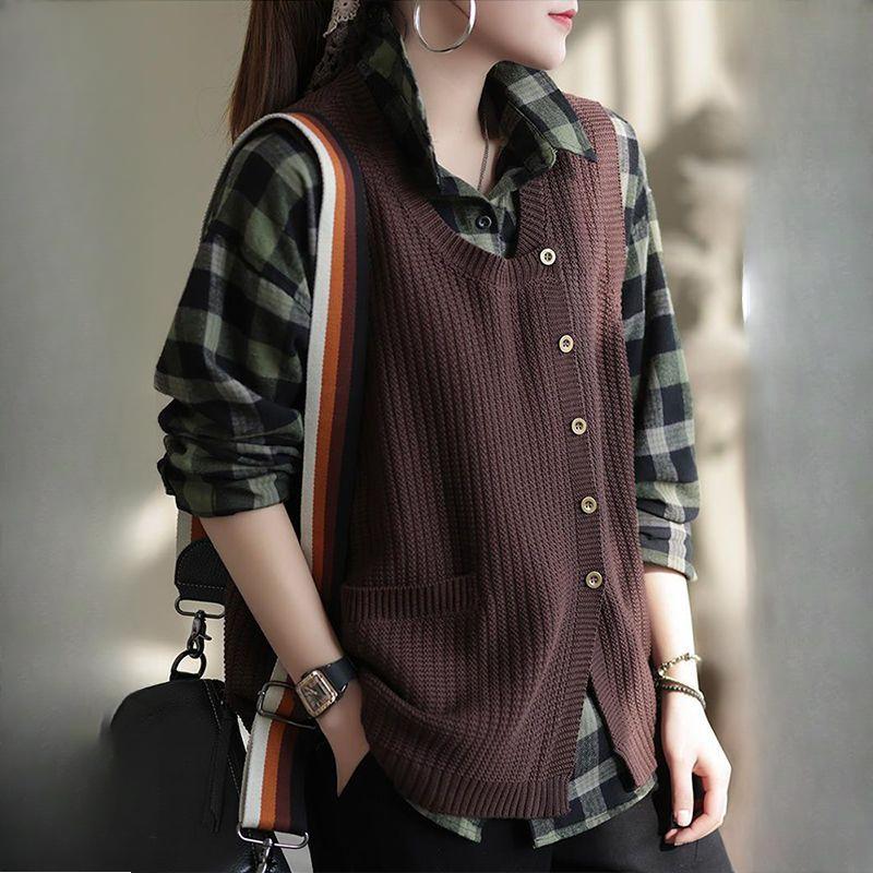 Women's Knitted Vest with Asymmetric Hem Retro Artistic Loose Versatile Casual Gilet Top Cardigan