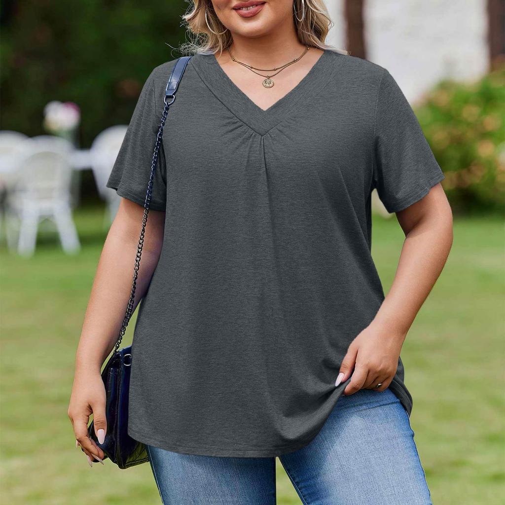 Damska Modna Codzienna Luźna Bluzka Plus Size z Krótkim Rękawem Elegancka z Dekoltem V Do Pracy