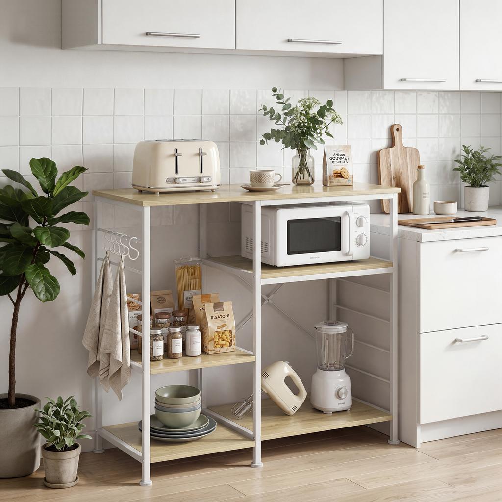 Kitchen Shelf with Wood and Metal Shelves with 5 Hooks, Space-Saving, 90x39x83.5 cm, Oak