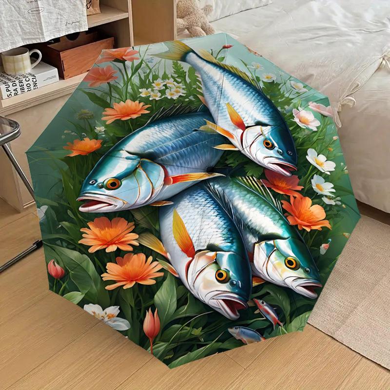 1PC fishes flowers Automatic Open/Close Umbrella with Windproof, 8-Rib Sturdy Canopy, Durable Ribs, Fashionable Design, Outdoor Accessory, Fun Prin, H