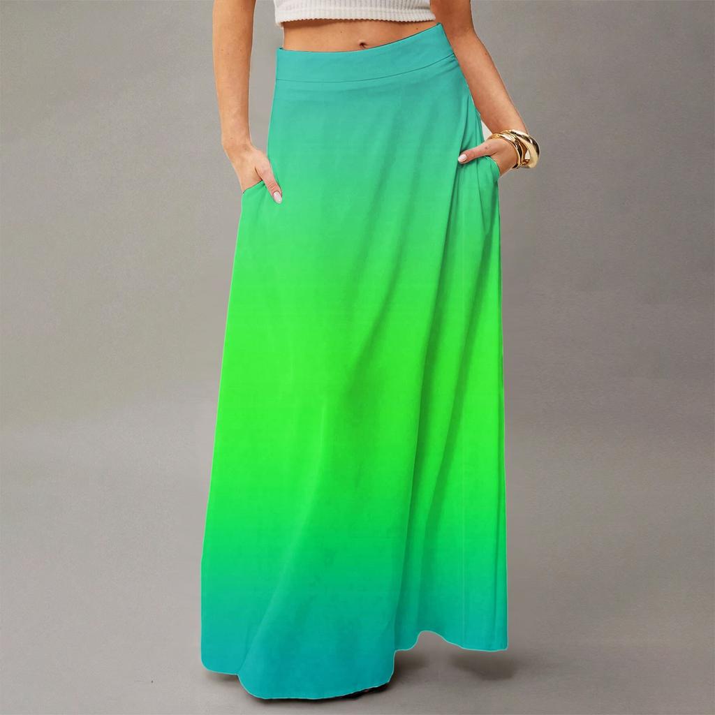 Damen Lässig Freizeit Faltbar Farbverlauf Druck Hohe Taille Mit Tasche Drapierter Entspannter Langer Maxi Rock