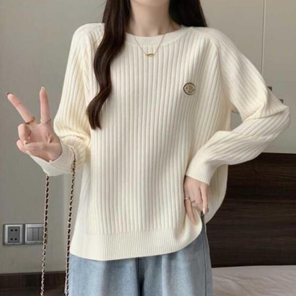 Navava Casual Solid Ribbed Round Neck Long Sleeve Knit Top Nk2421