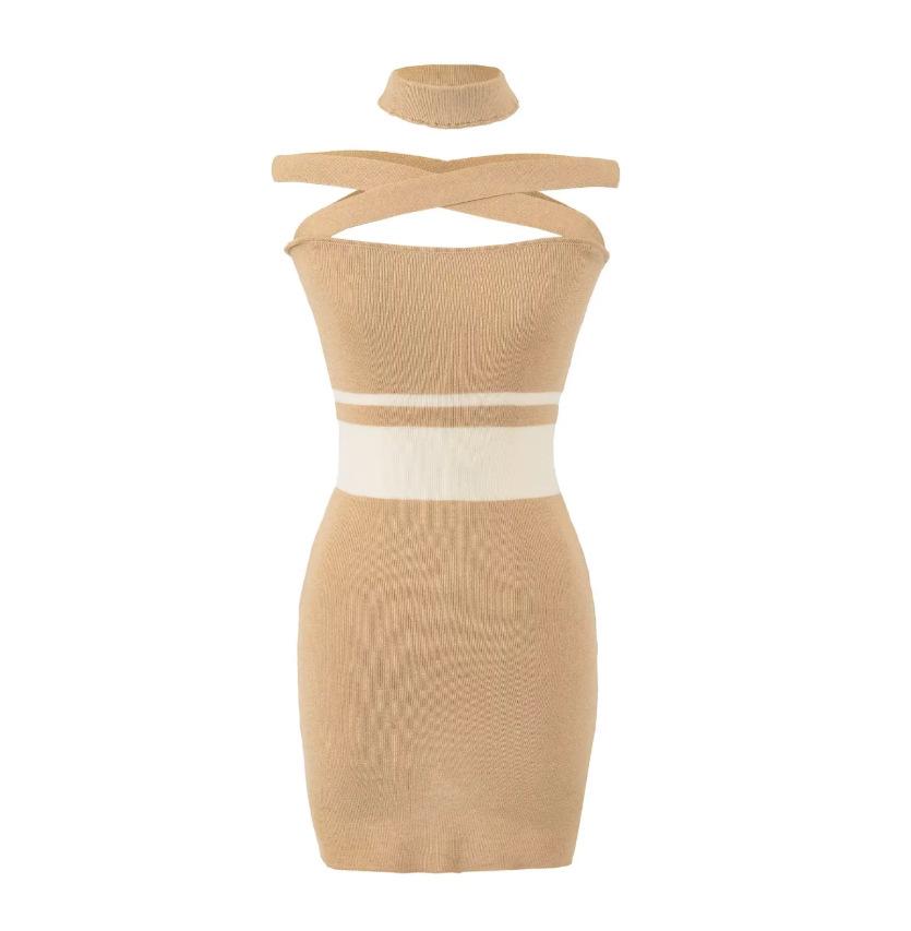 2026 Spring/Summer Women s Color Block One-Shoulder Halter Dress One Size хаки