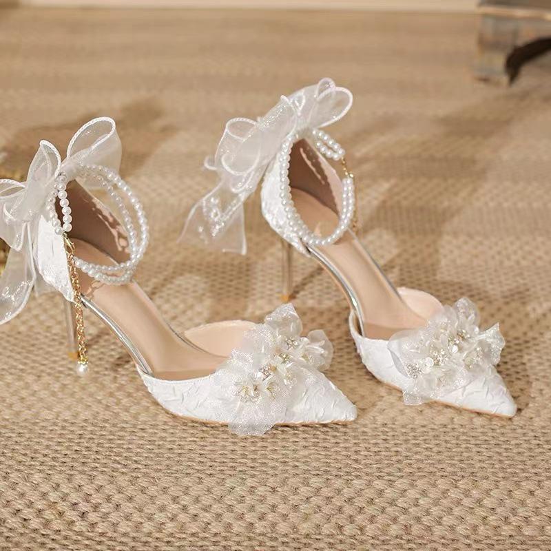 White Stiletto High Heels with Two-Way Butterfly Design - Perfect for Weddings