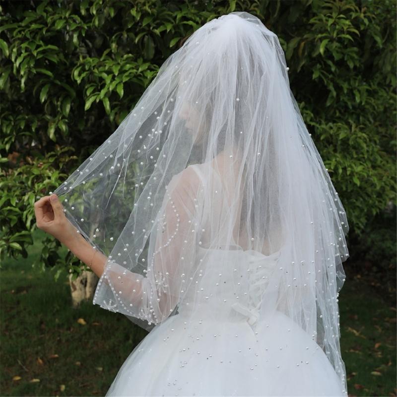 Luxurious Beadwork Pearls Decors Wedding Veil Tulle Bride Veil with Comb For Bridal Shower and Bachelorette Parties