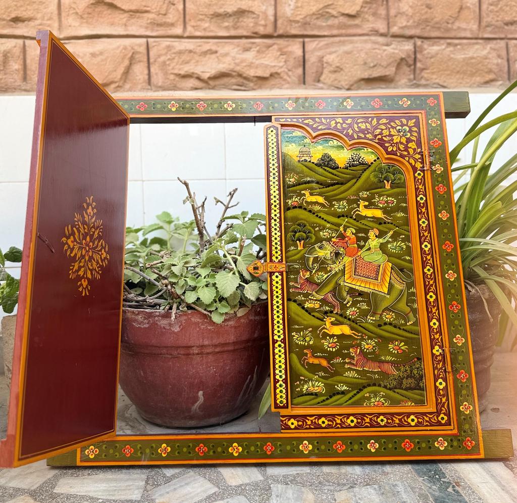 Handmade Wooden Jharokha Wall Hanging: Royal Hunting Scene, Festival Decor Frame