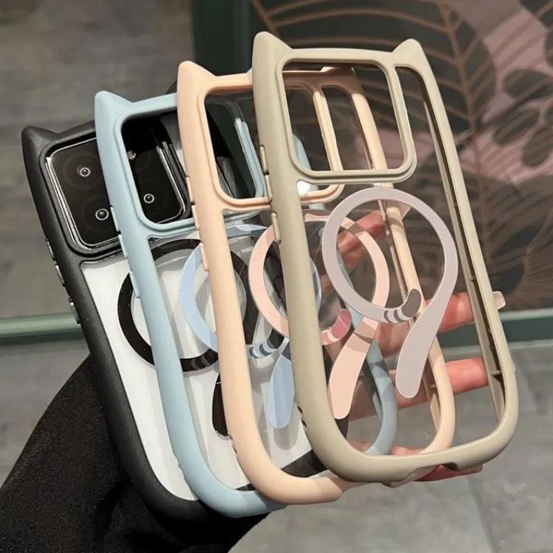 Magnetische Magsafe Niedliche Katzenohren Klare Hülle Für Xiaomi 15 Ultra 14 Pro 14 Redmi Note 13 5G Harte Stoßfeste Kabellose Ladeabdeckung