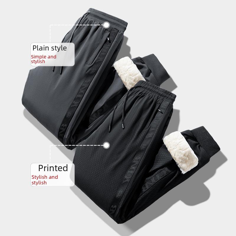 Men’s Warm Windproof Cotton Sweatpants: Large Size, Fleece-Lined Lambskin for Autumn & Winter