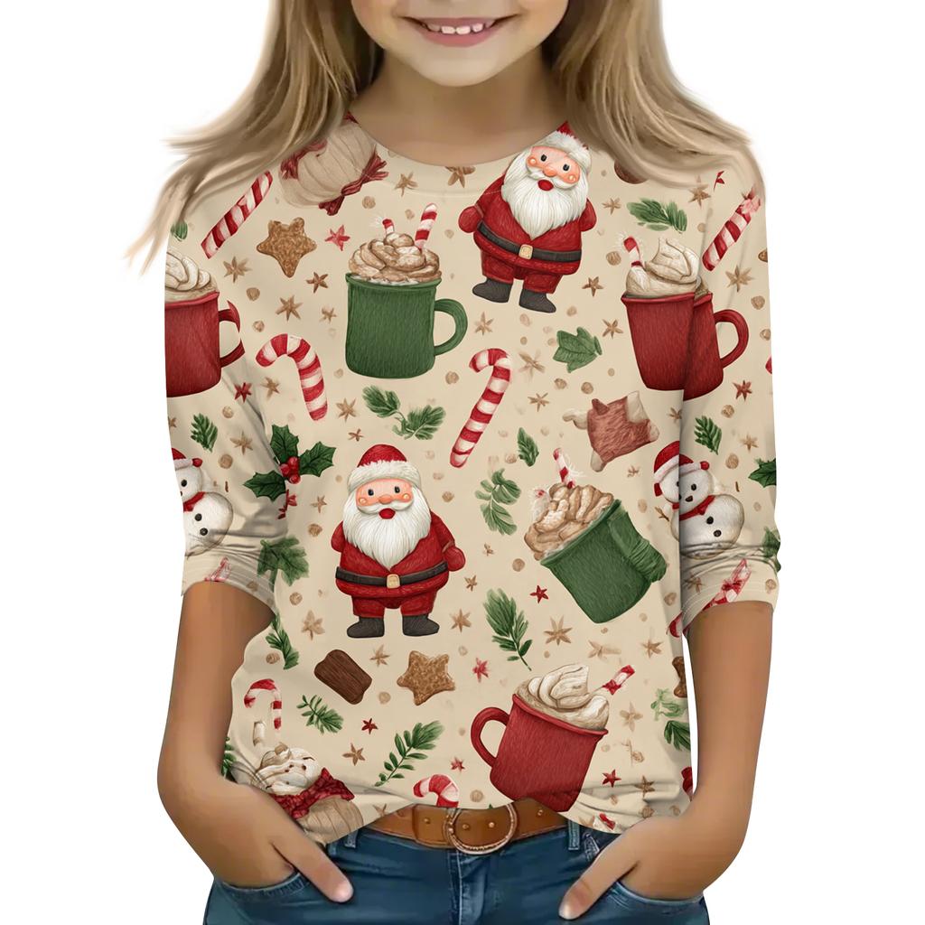 Children's 3/4 Sleeve Round Neck Top Christmas Tree Printed Everyday Casual Top