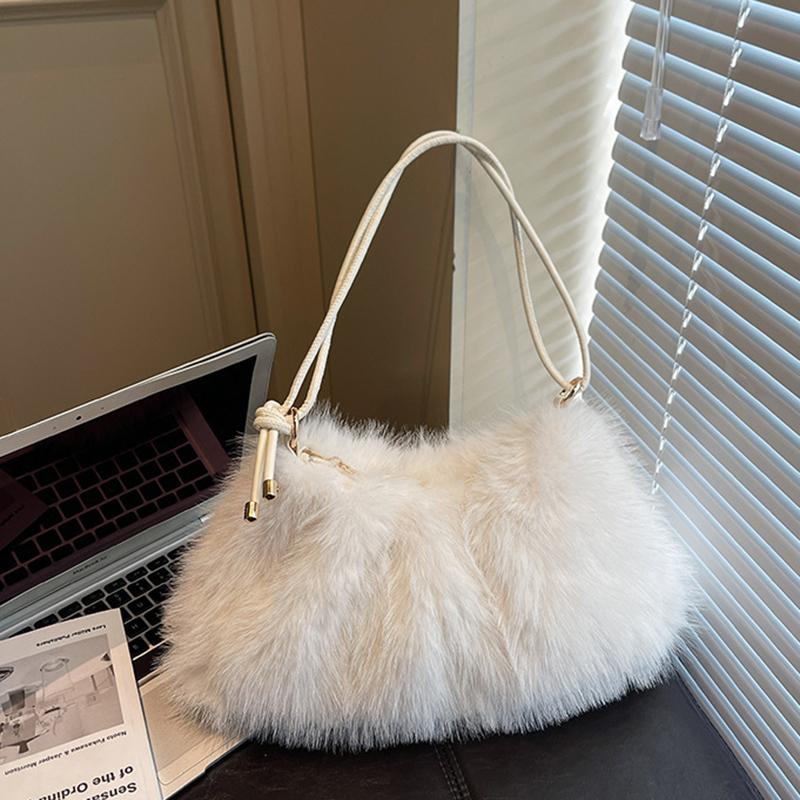 

Женская сумка через плечо большой вместимости, однотонная плюшевая сумка из искусственного меха для осенне-зимней моды 38x9x19cm белый