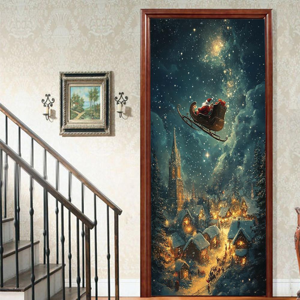 

Рождественский Дед Мороз ПВХ Самоклеящаяся Водонепроницаемая Наклейка на Дверь Современная Имитация Фреска Обои Гостиная Кабинет Домашний Декор Искусство Постер на Дверь 77x200cm