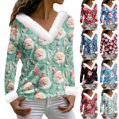 Women's Fashion Long Sleeve Christmas Printed Party Plush V-Neck Casual Top