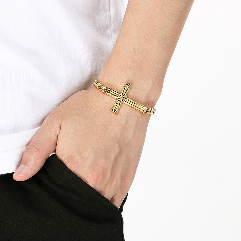Golden Cross Cuban Link Bracelet for Men Stainless Steel Chain with Adjustable Extender Jewelry Trendy Religious Daily Accessory