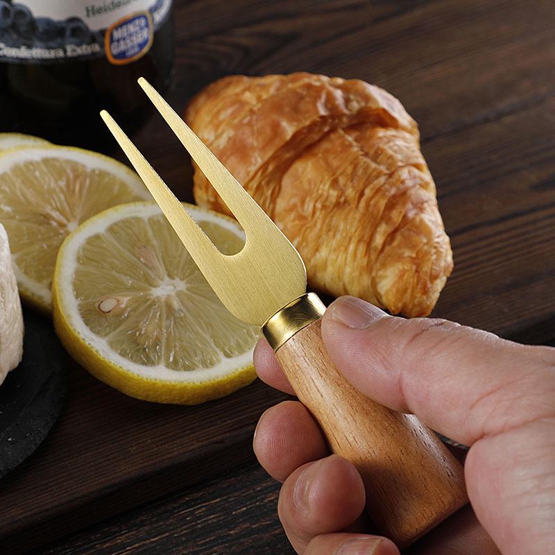 Stainless Steel Gold Cheese Knife Set with Fork and Rubberwood Handles