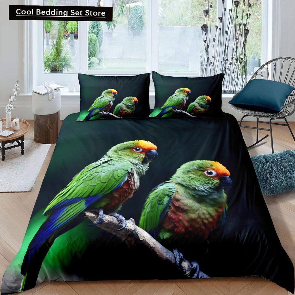 Parrot King Queen Duvet Cover Colourful Feather Bedding Set Rain Trees Bird Quilt Cover Sunset Mountain Natural Comforter Cover