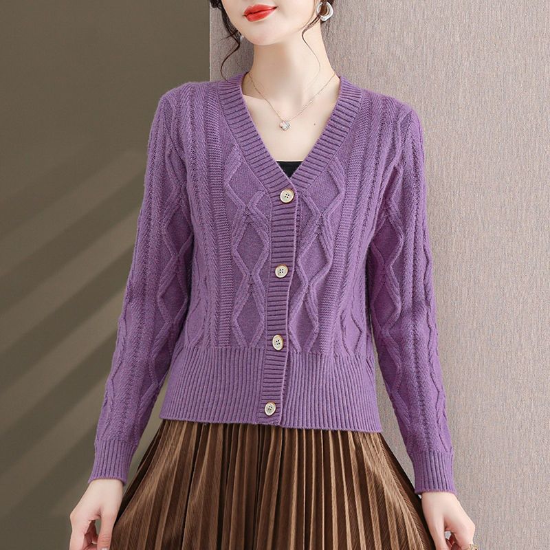 

Вязаный кардиган с v-образным вырезом, женский новый свободный короткий свитер с жареным тестом, модный топ S фиолетовый