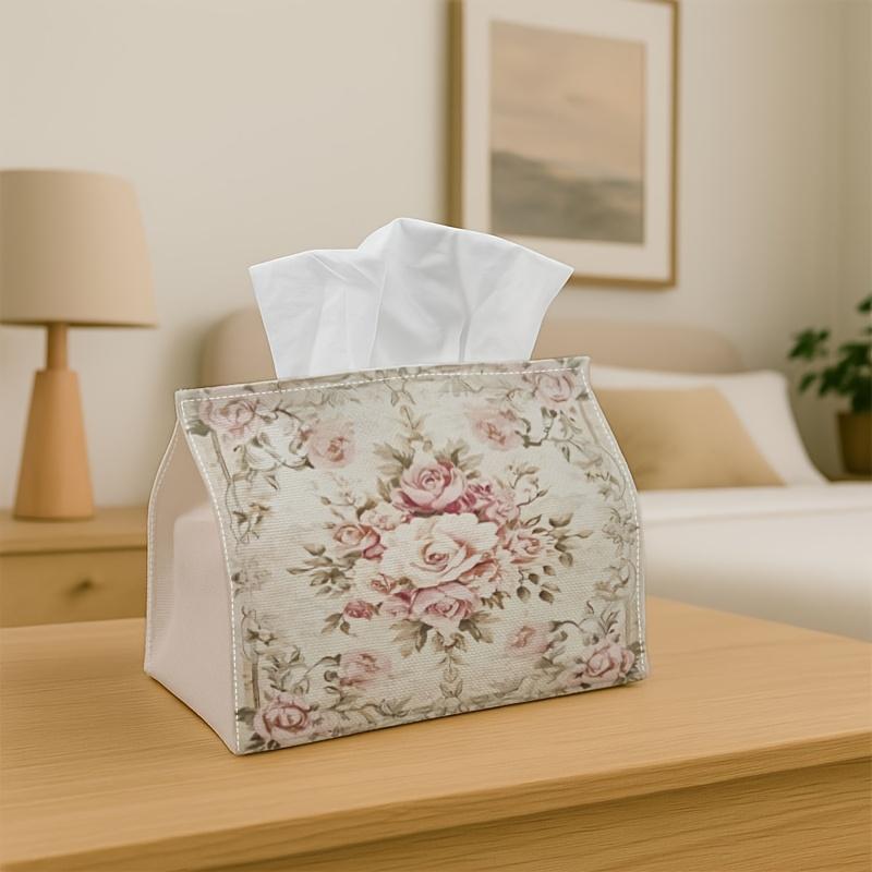 1pc Vintage Botanical Tissue Box with Soft Pink Floral Cover- Elegant Durable Polyester Napkin And Tissue Dispenser Holder Suitable for Home, Car, Par