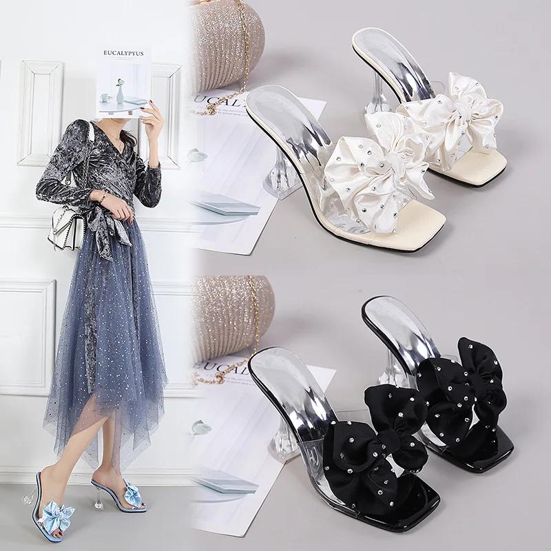 2025 Summer High Heels Women Modern Sandals Flowers Shoes Brand Ladies Sandals Party Thin Heel 10cm Black Blue Plus Size 42 D261