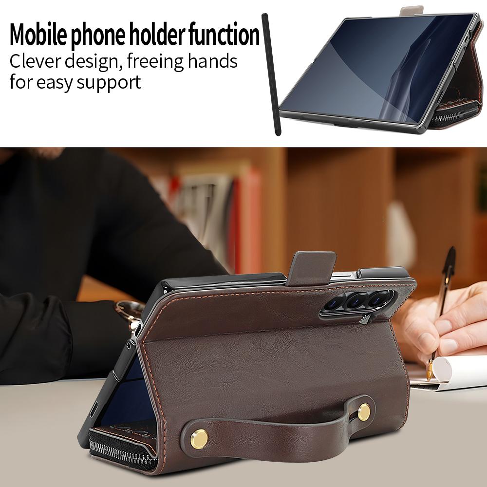 Premium Leather RFID Flip Case For Samsung Z Fold 8 Ultra 7 6 5 Zipper Wallet Card Slots With Screen Glass Protection Touch Pen