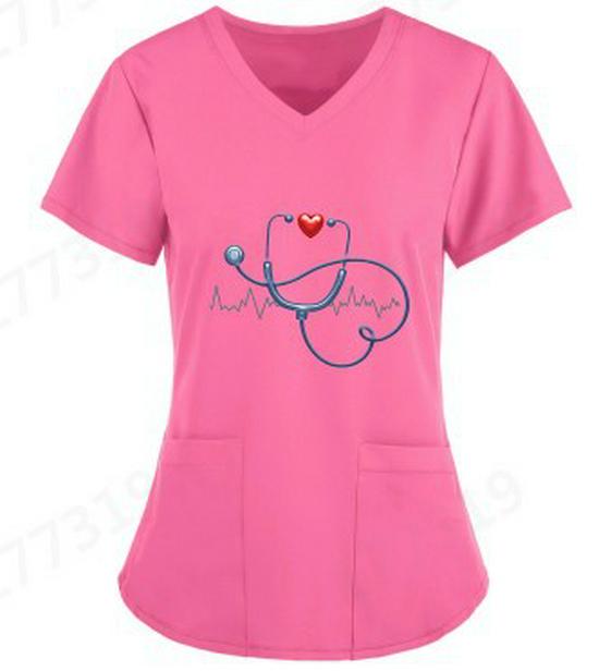 European and American Nurse Caregiver V-Neck Print Shirt with Large Pocket, Short Sleeve T-shirt for Women