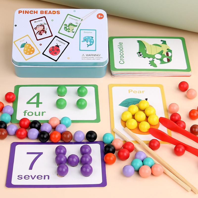 Wooden Montessori Number Matching Bead Clip Toy Toddler Early Educational Game