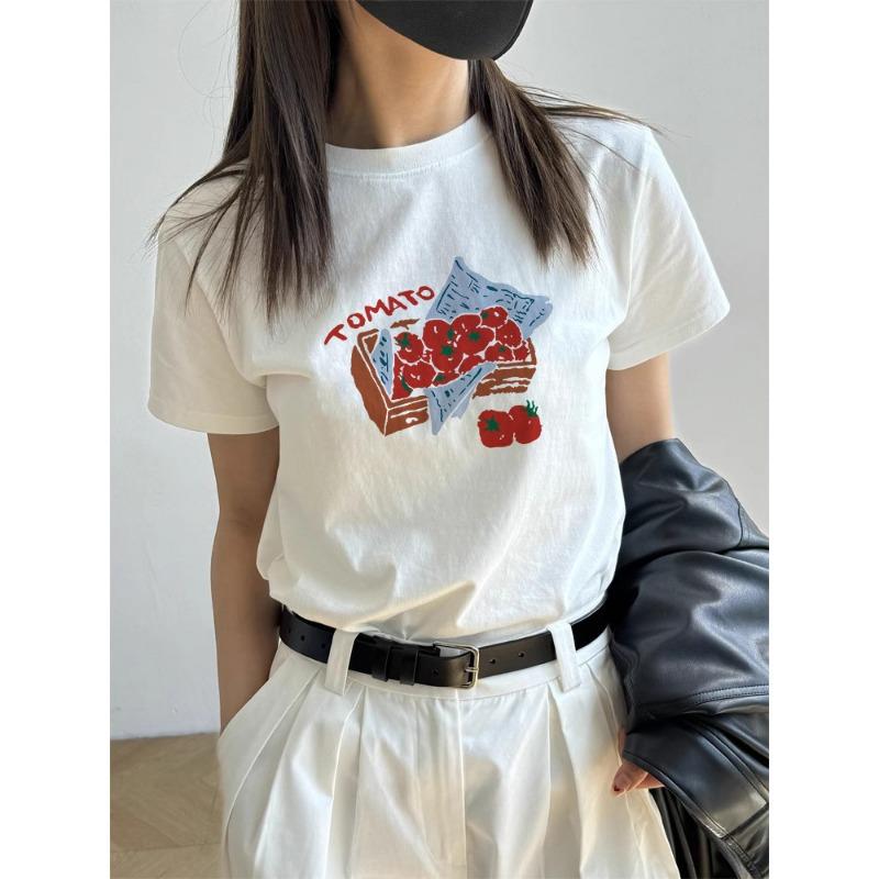 Women Plus Size Heavy Cotton Round Neck Loose Short Sleeve Printed Casual T Shirt S белый