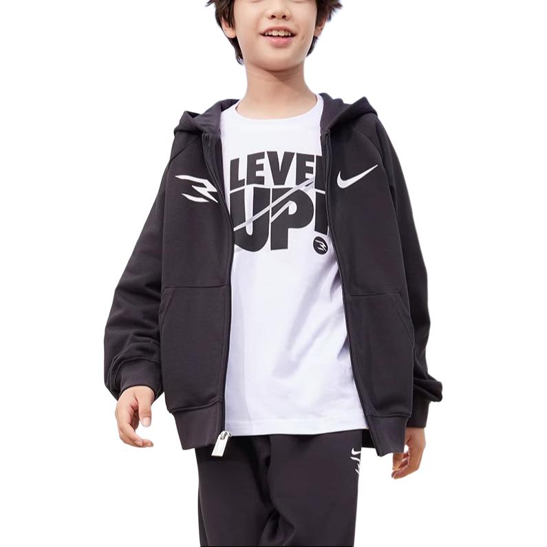 Nike Bluza z kapturem Kurtka 3Brand Series Nadruk z logo Rękawy raglanowe Kaptur Zapinana na zamek Kurtki dziecięce Czarna NY2342057GS-002